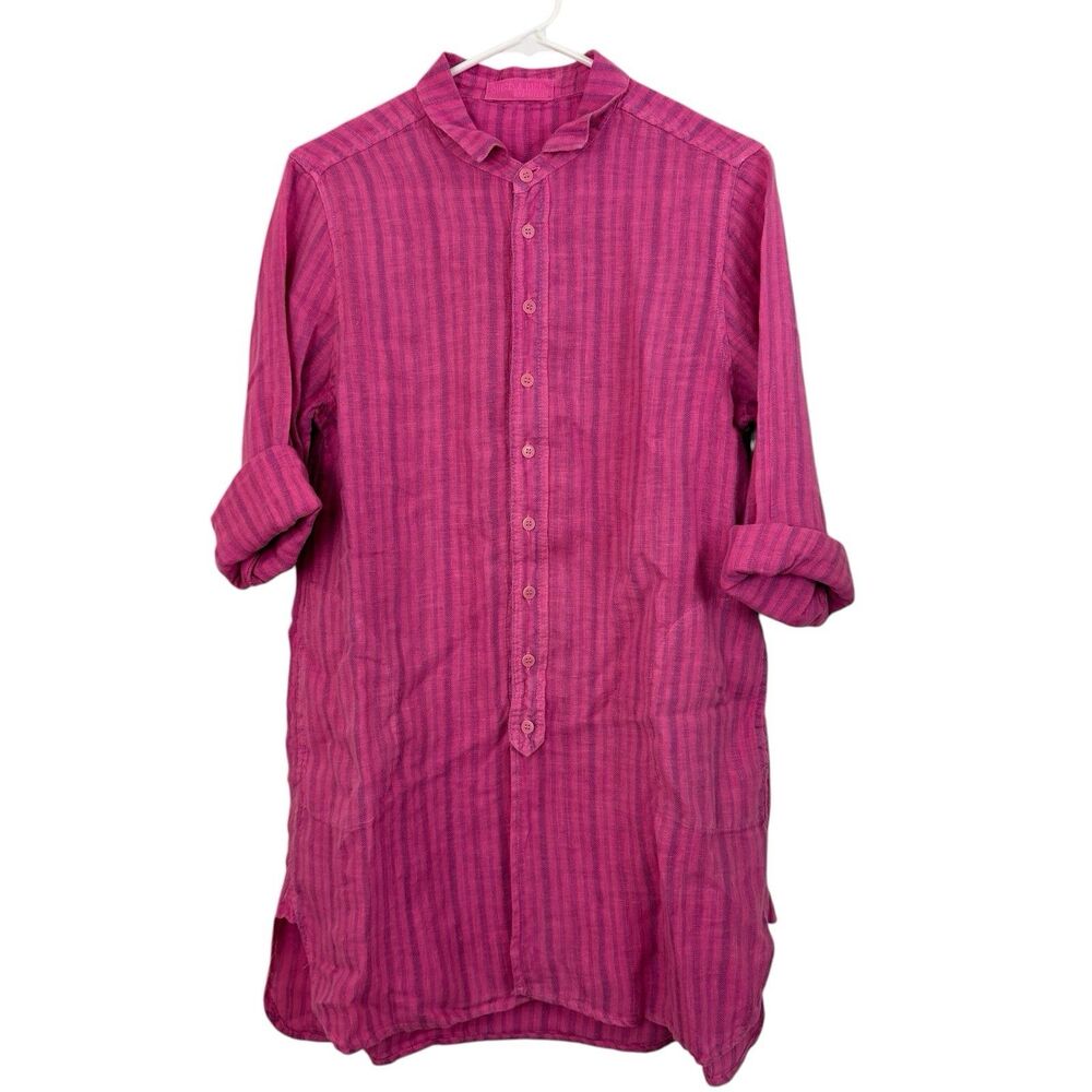 CP Shades Tunic Mini Dress Sz XS Pink Striped Linen Long Sleeves Collared